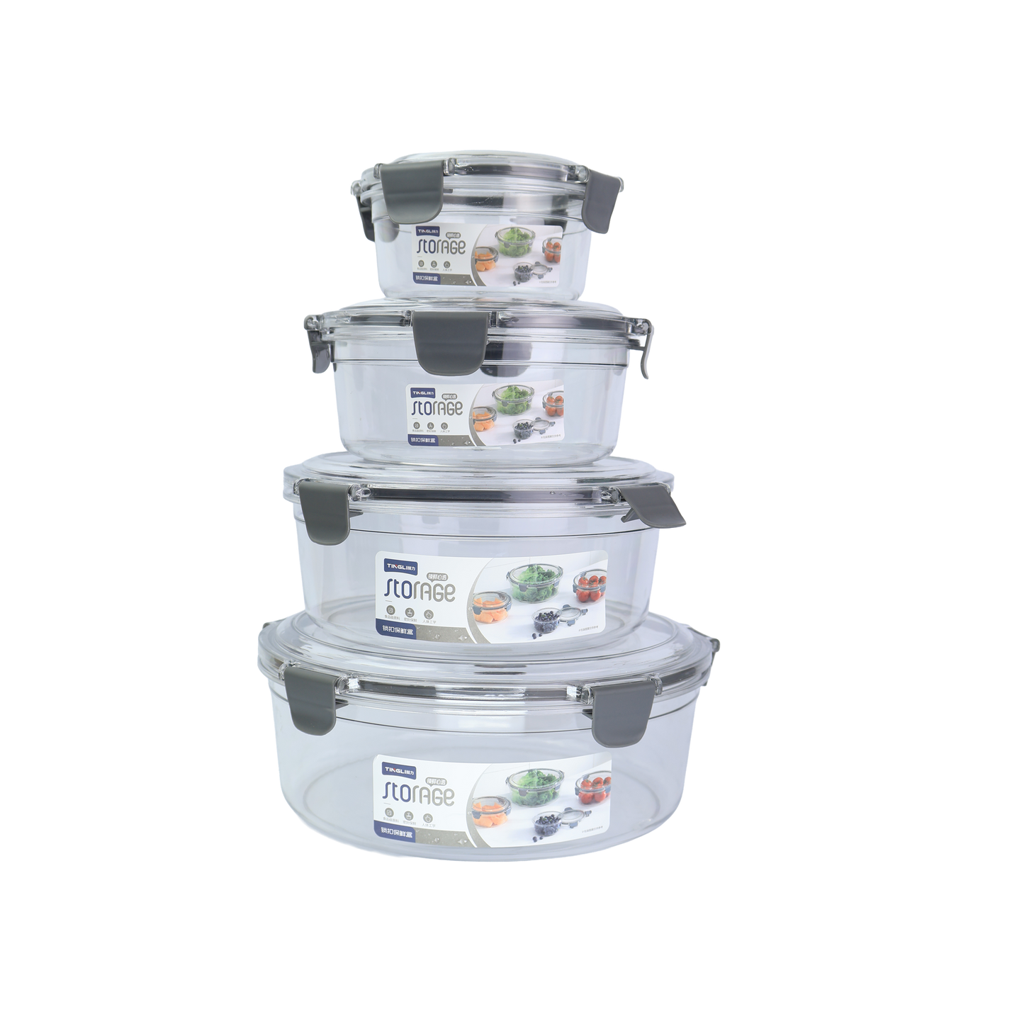 Set de Recipientes Circulares Transparentes x 4 con Tapa y Broches de Seguridad - RES 04